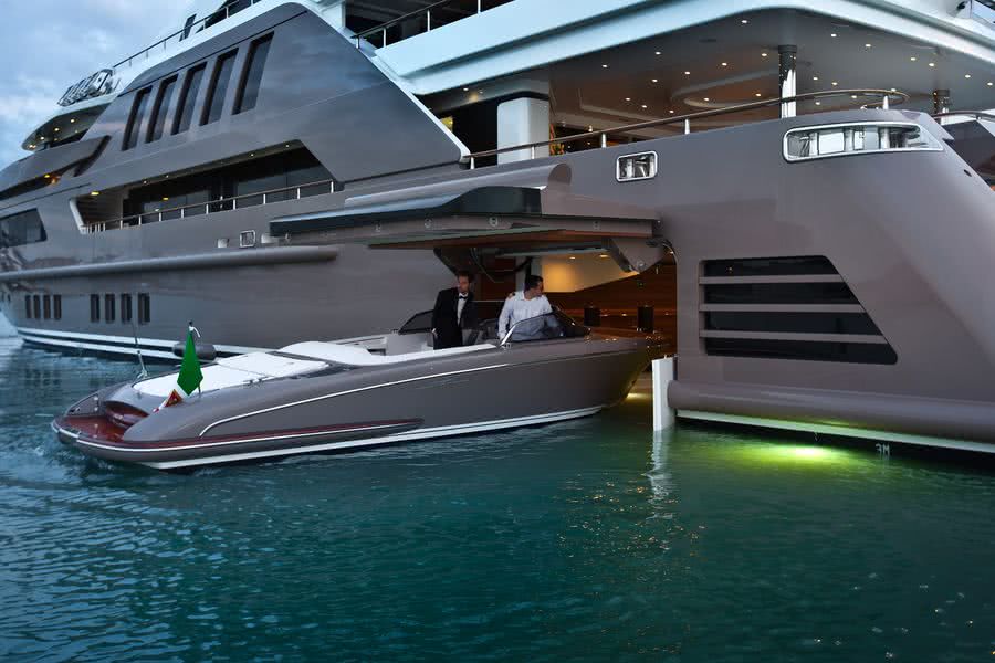 small yacht with tender garage