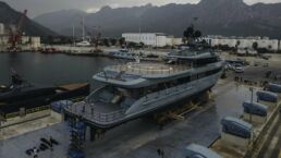 Alia Yachts Sea Club 53. Large yacht under construction in a dockyard.