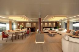 Seawolf X Yacht Rossinavi. Luxurious yacht interior with dining and seating areas.