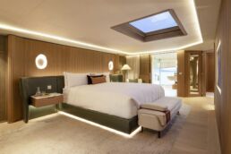 Seawolf X Yacht Rossinavi. Luxurious bedroom with skylight and modern design