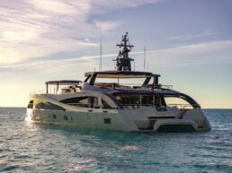 Seawolf X Yacht Rossinavi. Luxurious yacht sailing at sunset