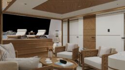 Luxurious yacht interior with deck chairs.