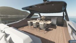 Lynx Adventure 24 meter motor yacht. Luxury yacht dining area with ocean views