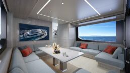 Lynx Adventure 24 meter motor yacht. Modern yacht lounge with ocean view