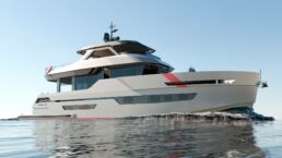 Lynx Adventure 24 meter motor yacht. Modern luxury yacht sailing on calm waters.