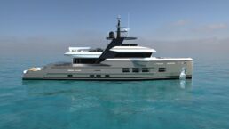 Luxury yacht rendering of 30m Explorer URSUS floating on clear blue water