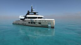 Luxury yacht on calm blue sea. rendering of 30m Explorer URSUS