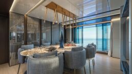 Modern dining room with ocean view. Motor Yacht BEL1 Rossinavi.