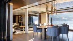 Modern yacht interior with sea view. Motor Yacht BEL1 Rossinavi Main Salon