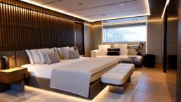 Modern luxurious bedroom with ambient lighting.Motor Yacht BEL1 Rossinavi Owner's Cabin