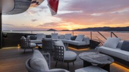 Luxury yacht deck at sunset. Motor Yacht BEL1 Rossinavi Deck Loung