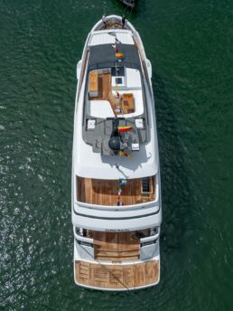 Aerial view of yacht on water. Motor Yacht SUPER MARIO Extra Yachts