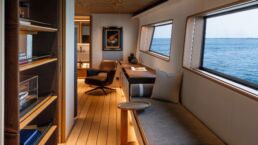 Luxurious yacht interior with ocean view. Navetta 38 Motor Yacht