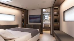 Modern bedroom with ensuite bathroom. Sailing Yacht GELLICEAUX Southern Wind