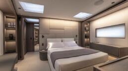 Modern luxurious bedroom with ambient lighting. Sailing Yacht GELLICEAUX Southern Wind