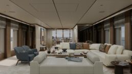 Modern yacht lounge with sofas and armchairs. Heesen Yacht AGNETHA