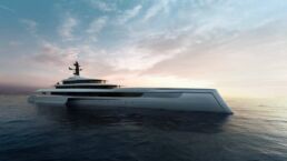 140m Trimaran Motor Yacht Spear. Luxury yacht at sunset on the ocean