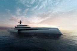 140m Trimaran Motor Yacht Spear. Luxury yacht at sunset on the ocean