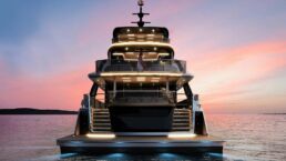 40m yacht EVO van der valk. Luxury yacht at sunset on the water.