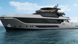 40m yacht EVO van der valk. Luxury yacht on open water in daylight.