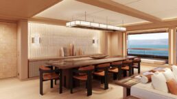 Modern luxury yacht dining room with ocean view