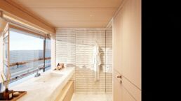 Modern bathroom with ocean view.