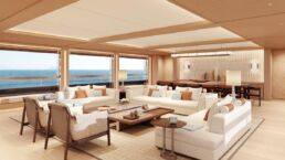 Luxury yacht main salon with ocean view.