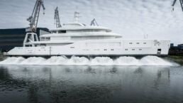 Amels 80 Motor Yacht. Luxury yacht in shipyard water launch.