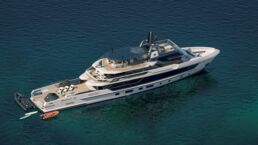 Baglietto X50 Explorer Yacht. Luxury yacht anchored in the ocean.