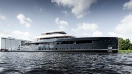 Feadship Project 713 Superyacht. Large yacht docked at shipyard