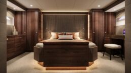 Holterman X-65 20m Motor Yacht Interior. Modern bedroom with wooden decor and ambient lighting.