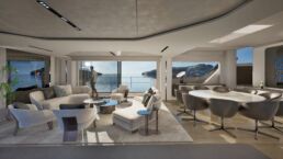 ISA Viper Motor Yacht. Modern interior with ocean view and natural light.