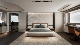 ISA Viper Motor Yacht. Luxury modern bedroom design with desk and lighting