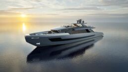 ISA Viper Motor Yacht. Luxury yacht on calm ocean at sunset