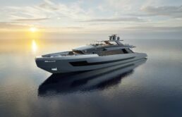 ISA Viper Motor Yacht. Luxury yacht on calm ocean at sunset