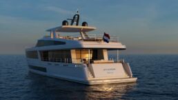 Jangada 35m Yacht Van der Valk. Luxury yacht sailing at sunset ocean view