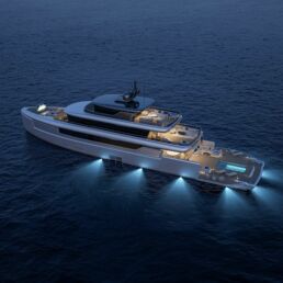 KAI BAZ Yacht Design. Luxury yacht on the ocean at night.