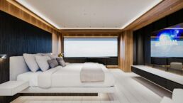 Motor Yacht GO Tankoa Yachts. Spacious modern bedroom with large screen and windows.