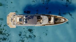 Motor Yacht GO Tankoa Yachts. Aerial view of a luxury yacht in blue waters