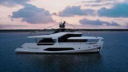 Luxury yacht on calm sea at sunset. Motor Yacht Infynito 80 Varo Ferretti Yachts