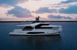 Luxury yacht on calm sea at sunset. Motor Yacht Infynito 80 Varo Ferretti Yachts