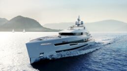 Luxury yacht sailing near mountains. Motor Yacht Santosha Heesen Yachts