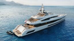 Luxurious yacht on clear blue sea. Motor Yacht Santosha Heesen Yachts