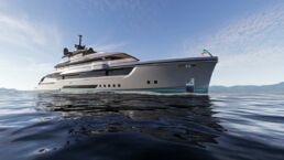 Nuvolari Lenard S1 Superyacht. Luxury yacht on calm sea with island background.