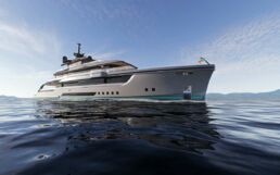 Nuvolari Lenard S1 Superyacht. Luxury yacht on calm sea with island background.