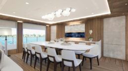 Nuvolari Lenard S1 Superyacht. Luxury dining room with large windows and river view