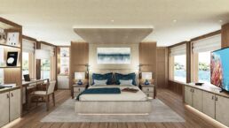 Nuvolari Lenard S1 Superyacht. Luxury bedroom with modern decor and ocean views