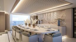 Luxurious dining room with ocean view.