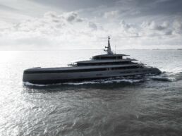 Obsidian Yacht Feadship. Luxury yacht cruising on the ocean.