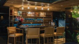 Cozy bar area with wooden decor and stools.